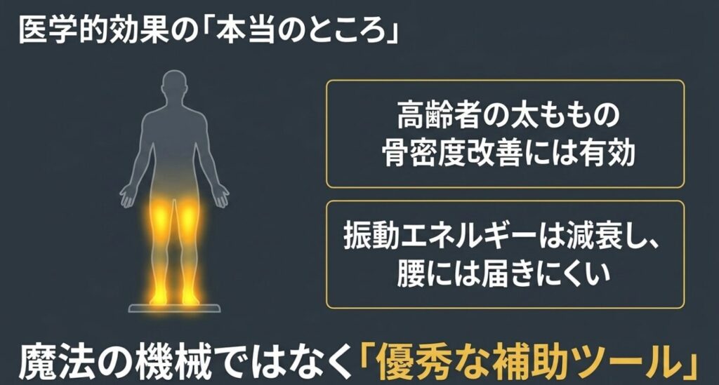 振動マシンの医学的効果と、魔法の機械ではなく優秀な補助ツールであることを説明するスライド