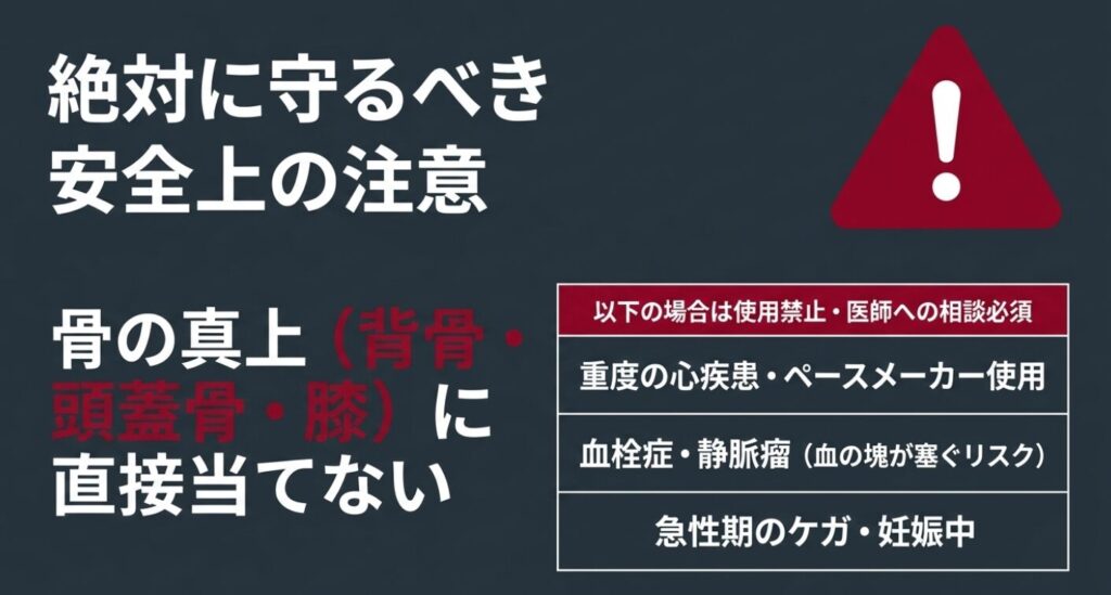 骨への直接使用禁止や、心疾患・妊娠中などの振動マシンの絶対に守るべき安全上の注意点を示すスライド