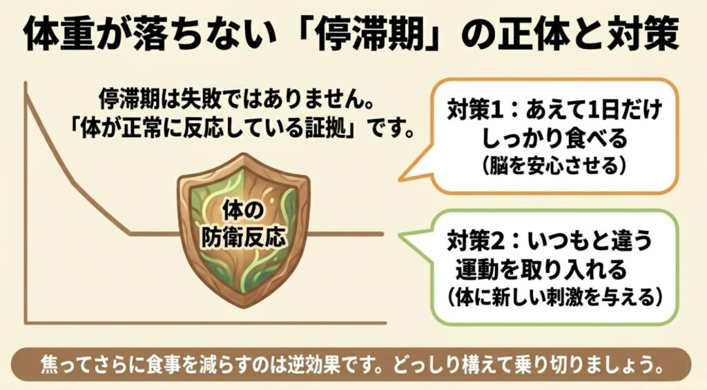 レコーディングダイエット：停滞期は体の防衛反応。あえて1日だけしっかり食べる、いつもと違う運動を取り入れるなどの焦らないための対策方法