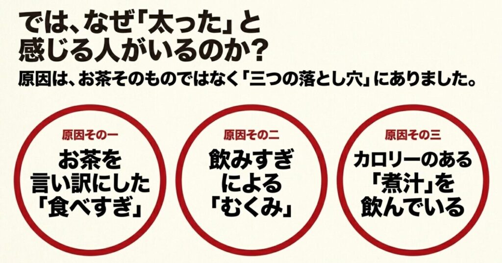 あずき茶自体ではなく、お茶を言い訳にした食べすぎ、飲みすぎによるむくみ、カロリーのある煮汁の摂取という「3つの落とし穴」を紹介するスライド。