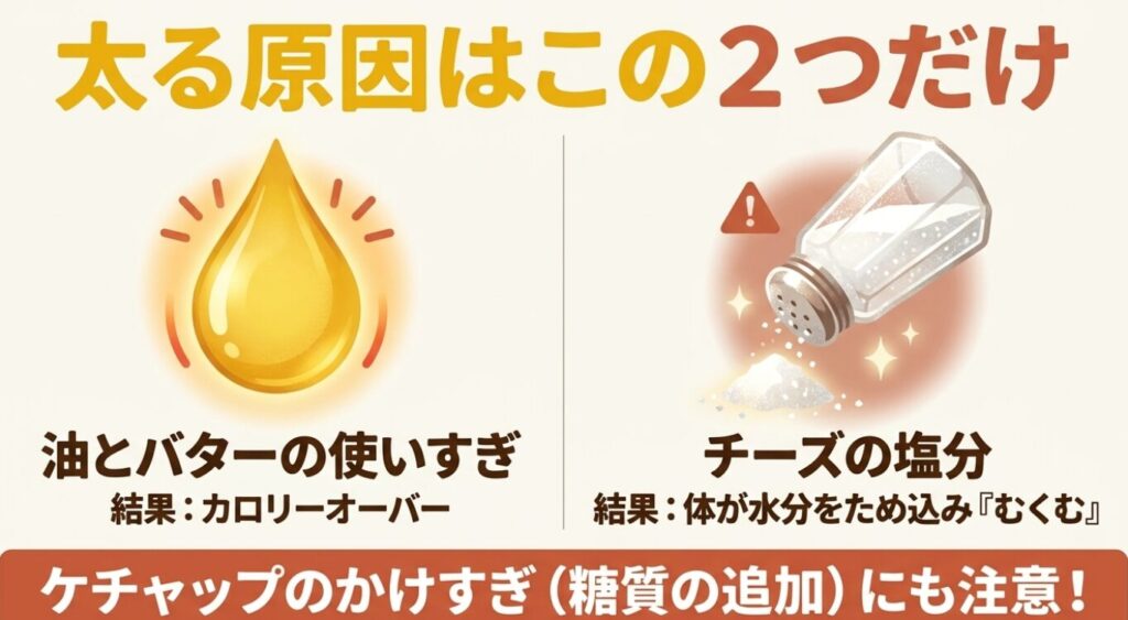 チーズオムレツで太る原因として、油とバターの使いすぎによるカロリーオーバー、チーズの塩分によるむくみ、ケチャップのかけすぎ(糖質追加)への注意を促すスライド