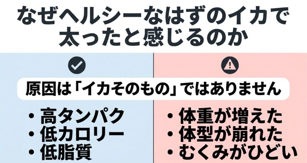 ヘルシーなはずのイカで太ったと感じる原因は「イカそのもの」ではなく、体重増加や体型の崩れ、むくみが関係していることを示すスライド。