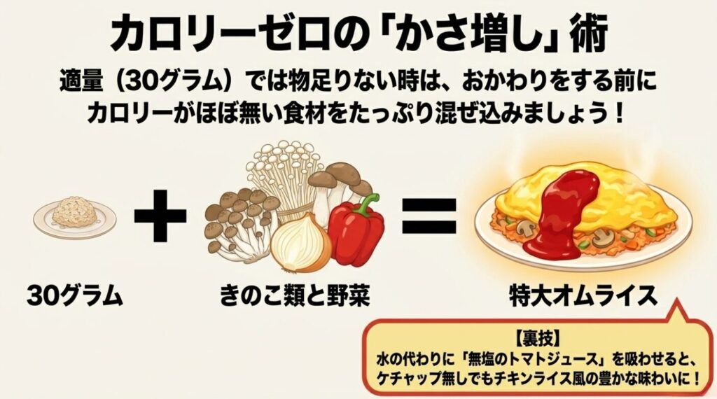 オートミールオムライス:30グラムで物足りない時は、きのこ類と野菜をたっぷり混ぜ込み特大オムライスにする