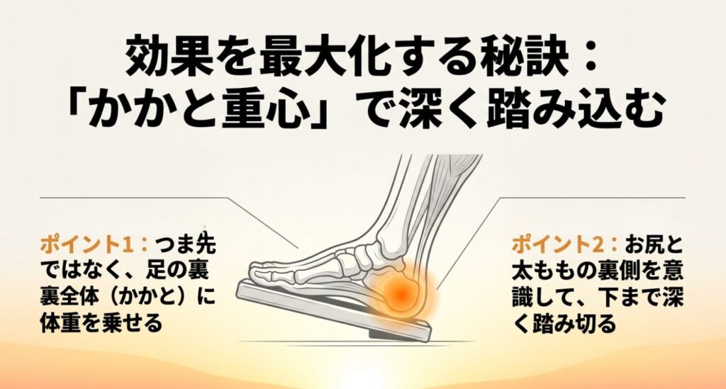 ステッパーの効果を最大化する秘訣として、つま先ではなく足の裏全体（かかと）に体重を乗せ、お尻と太ももの裏側を意識して下まで深く踏み切るポイントを解説したスライド 。