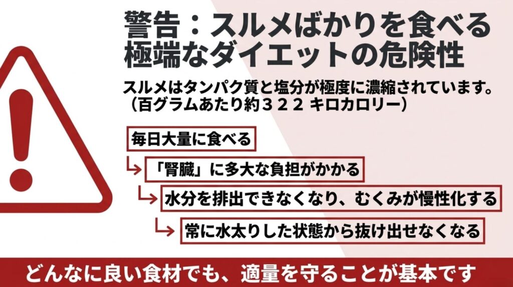 スルメばかりを食べる極端なダイエットは、タンパク質と塩分の過剰摂取により腎臓へ負担をかけ、むくみが慢性化して水太り状態から抜け出せなくなる警告スライド。