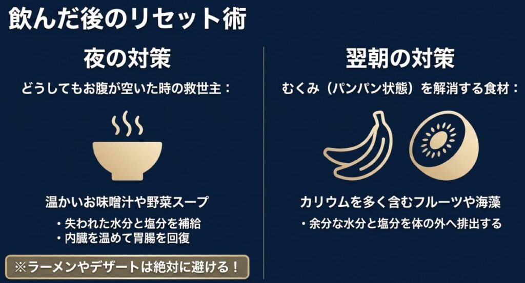 シャンパン:飲酒後の空腹時には温かいスープを飲み、翌朝はカリウムを含む食材でむくみを解消する対策を解説するスライド