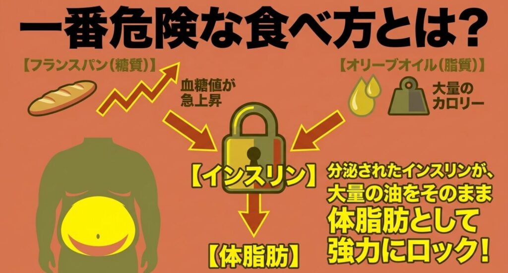 アヒージョ：フランスパンの糖質による血糖値急上昇と、オリーブオイルの脂質が合わさることで、インスリンが大量の油を体脂肪として強力にロックする仕組みを図解したスライド。