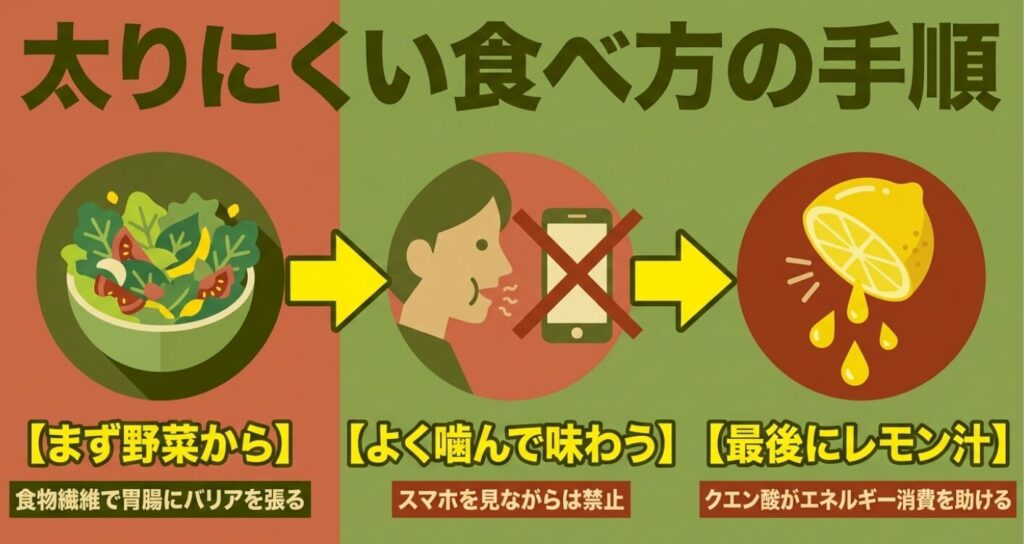 アヒージョ：サラダのイラストとともに、まず野菜から食べてバリアを張ること、よく噛んで味わうこと、最後にレモン汁でエネルギー消費を助ける手順を解説したスライド。