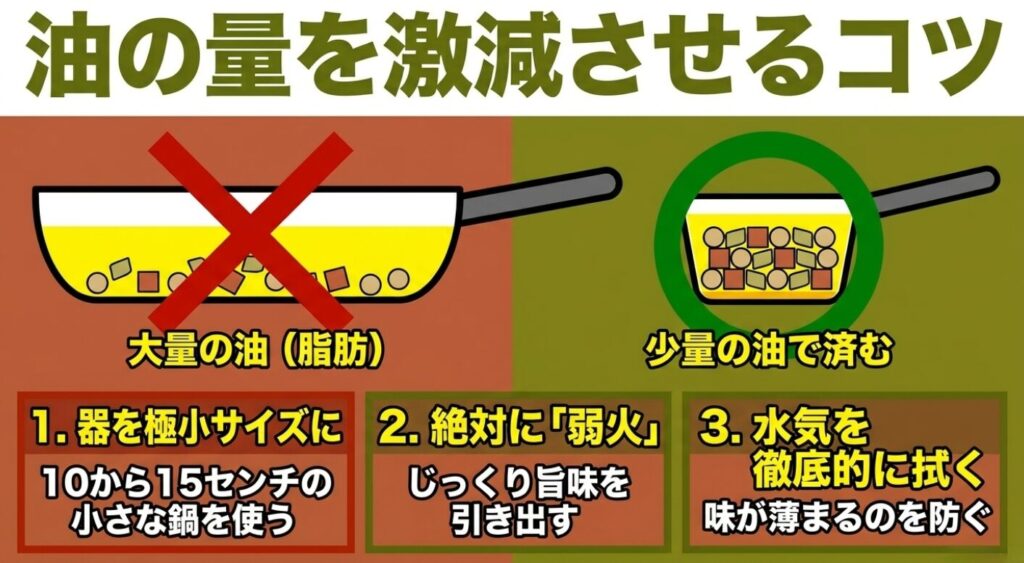 アヒージョ：油の量を減らす3つのコツとして「器を10〜15cmの極小サイズにする」「絶対に弱火でじっくり加熱する」「具材の水気を徹底的に拭く」を紹介するスライド。