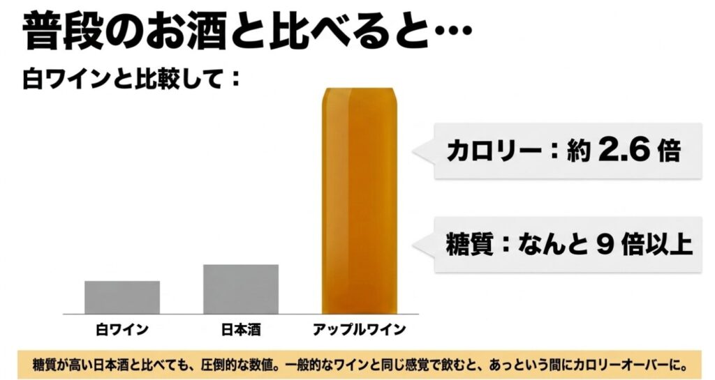 アップルワインは白ワインと比較してカロリーが約2.6倍、糖質が9倍以上あることを示す比較データ