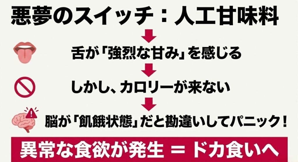 ゼロサイダートリプル：人工甘味料によって脳が飢餓状態だと勘違いし、異常な食欲とドカ食いを引き起こすメカニズム