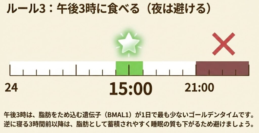 ナッツを食べるルール3。脂肪をため込む遺伝子が最も少ない午後3時がゴールデンタイムであり、脂肪が蓄積されやすく睡眠の質が下がる夜間（寝る3時間前以降）の摂取は避けることを示すタイムライン