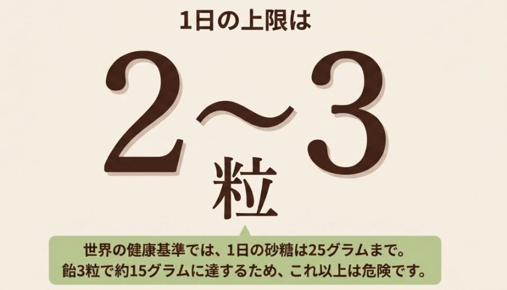 世界の健康基準を元にした1日の砂糖摂取上限（25g）と、黒糖飴の適正量（2〜3粒）を示すイラスト