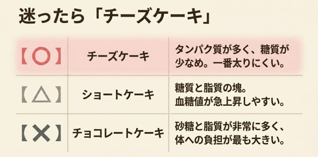 チーズケーキ、ショートケーキ、チョコレートケーキの太りにくさ比較