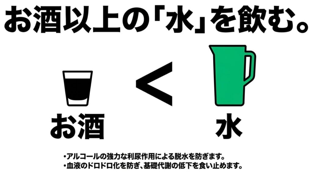 テキーラ:お酒以上の水を飲むことでアルコールの利尿作用による脱水を防ぎ、血液のドロドロ化を防いで基礎代謝の低下を食い止めることを示す図