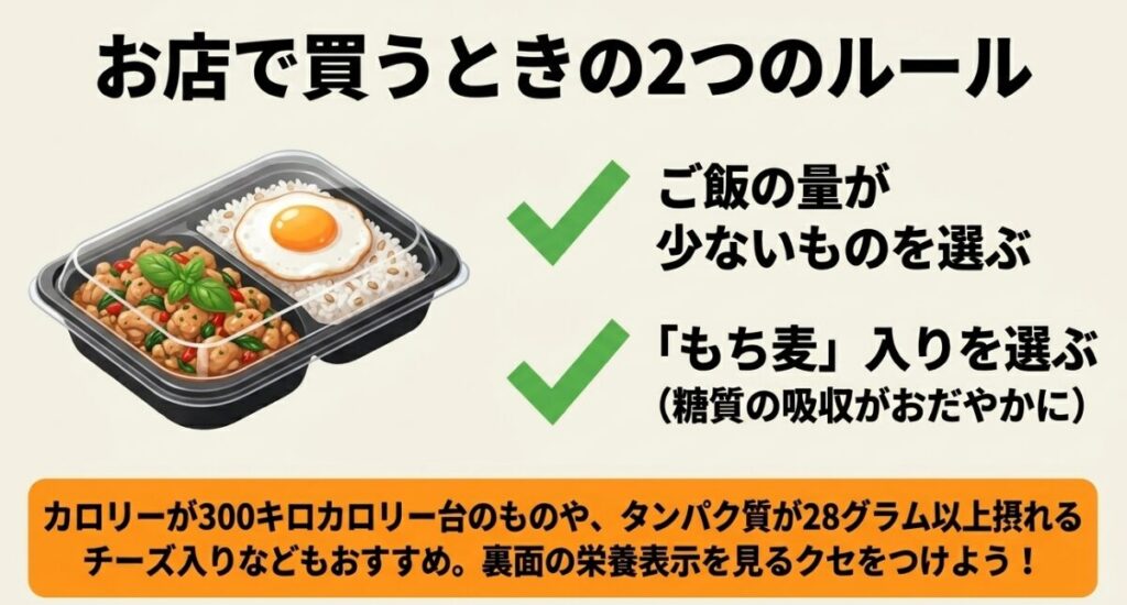 ガパオライス：お店で買うときはご飯の量が少ないものや、もち麦入りを選ぶ2つのルールを解説したイラスト