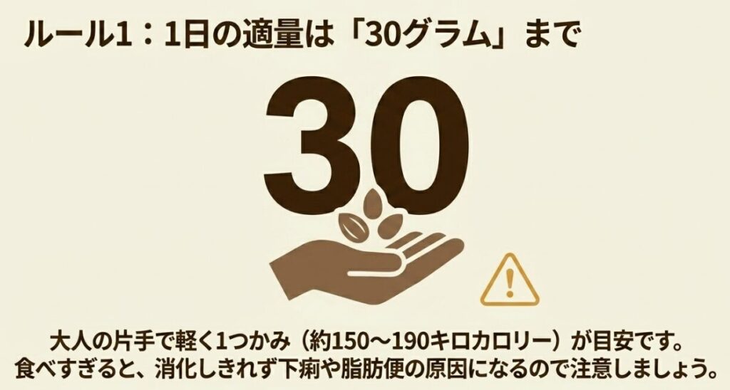 ナッツを食べるルール1。1日の適量は大人の片手で軽く1つかみ（約150〜190キロカロリー）の30グラムまでとし、食べすぎによる下痢や脂肪便に注意を促す図解