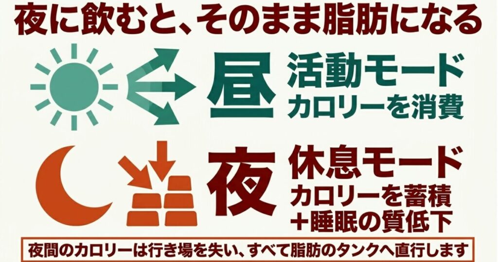inゼリー：夜に飲むとそのまま脂肪になる理由を示す図解。 昼は活動モードでカロリーを消費するが、夜は休息モードでカロリーを蓄積しやすく睡眠の質も低下するため、夜間のカロリーは行き場を失いすべて脂肪のタンクへ直行することを説明している。