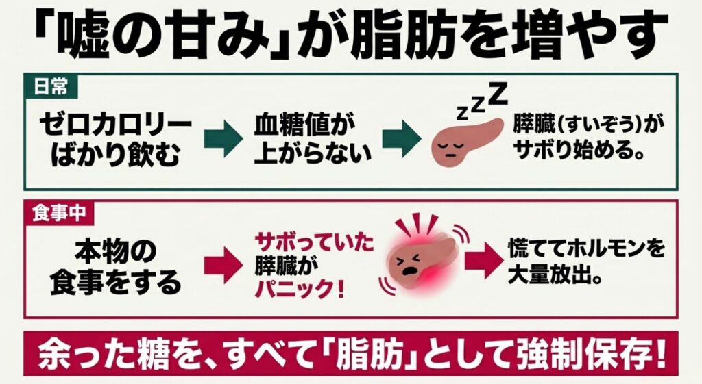 ゼロサイダートリプル：ゼロカロリー飲料の影響で膵臓がサボり、本物の食事の際にインスリンの大量放出によって余った糖が脂肪として蓄積される仕組み