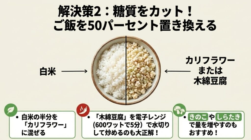 ガパオライス：ご飯を50パーセント、カリフラワーや木綿豆腐に置き換えて糖質をカットする解決策
