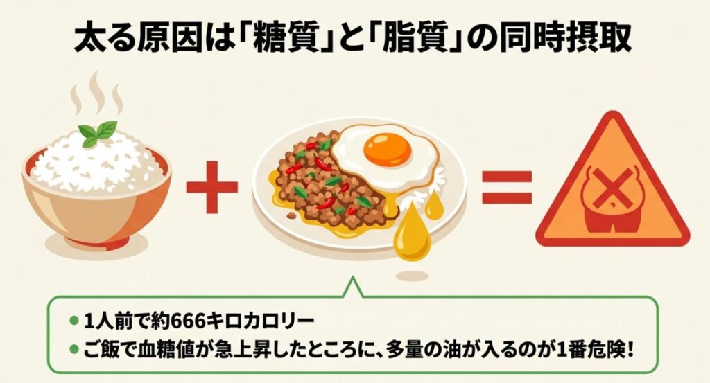 ガパオライスで太る原因は糖質と脂質の同時摂取であり、1人前で約666キロカロリーあることを示す図解