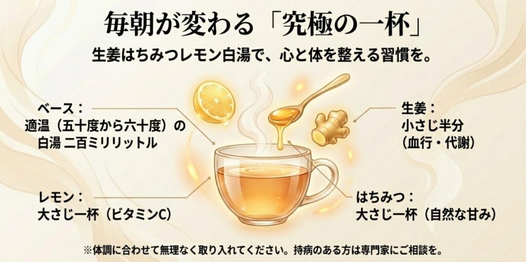 毎朝が変わる究極の一杯。ベースの白湯に生姜、レモン、はちみつを加えた生姜はちみつレモン白湯