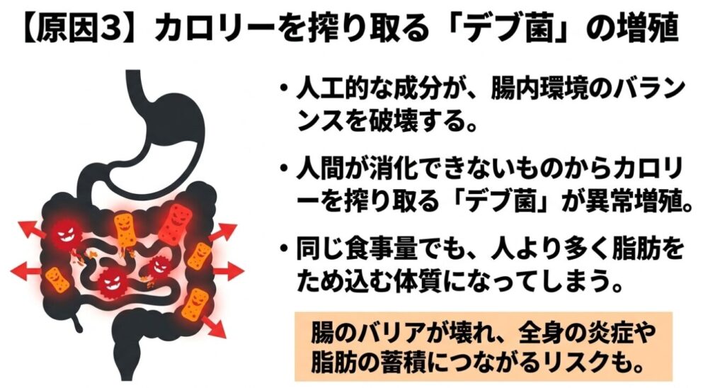 ノンアルコールビール：カロリーを搾り取るデブ菌の増殖。人工的な成分が腸内環境を破壊し、脂肪をため込む体質や全身の炎症リスクにつながる