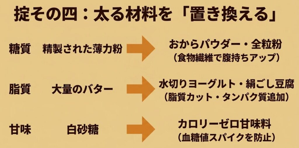 スコーン：精製された薄力粉をおからパウダーや全粒粉に、バターを水切りヨーグルトや豆腐に、白砂糖をカロリーゼロ甘味料に置き換えるヘルシーアレンジをまとめた表。