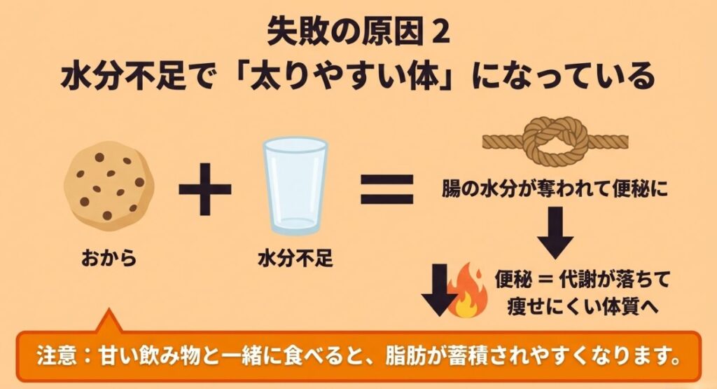 おからクッキーによる水分不足が腸の水分を奪い便秘になり、代謝が落ちて太りやすくなることを解説したスライド