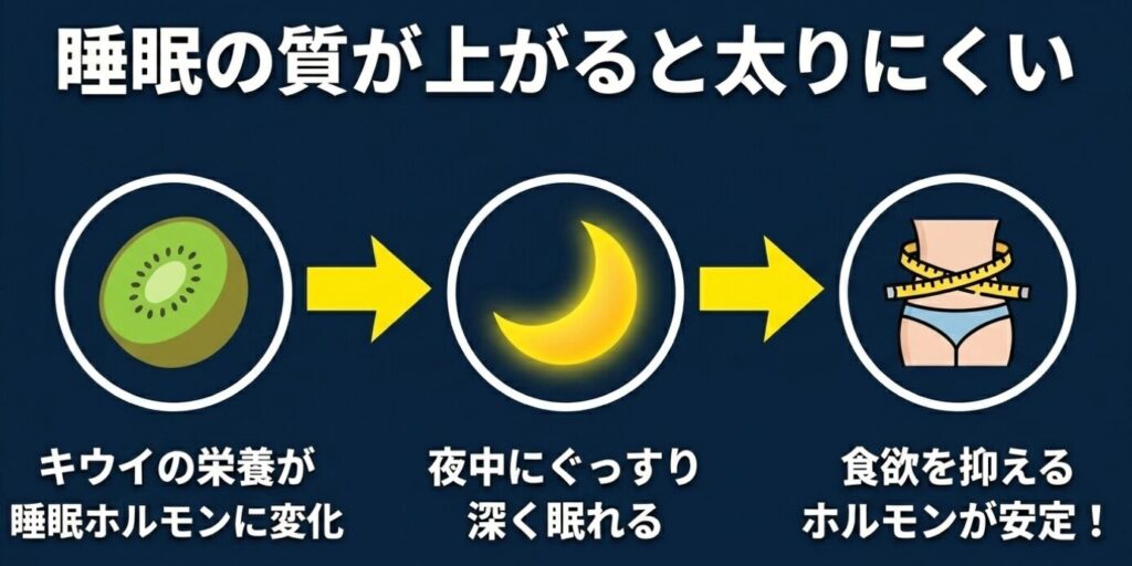 睡眠の質が上がると太りにくい。キウイの栄養が睡眠ホルモンに変化し、深く眠れることで食欲を抑えるホルモンが安定する。