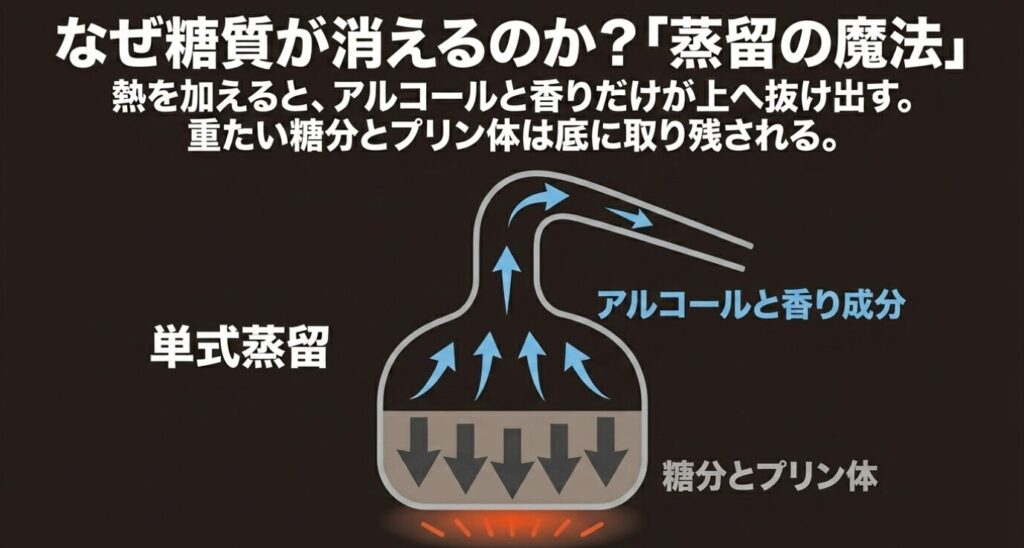 黒糖焼酎:なぜ糖質が消えるのか。単式蒸留によって熱を加えるとアルコールと香りだけが抜け出し、重たい糖分とプリン体は底に取り残される仕組みの図解