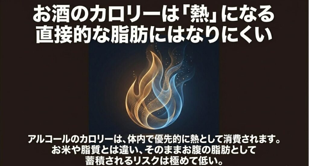 黒糖焼酎:アルコールのカロリーは体内で優先的に熱として消費され、お米や脂質とは違ってそのまま脂肪として蓄積されるリスクが極めて低いことを示す炎のイメージ