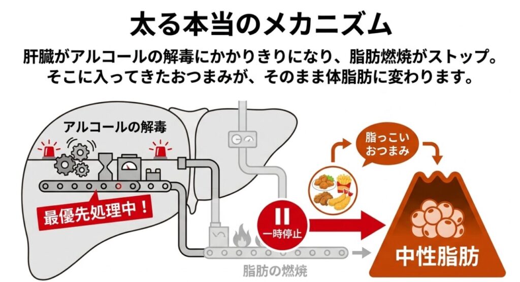 黒糖焼酎:肝臓がアルコールの解毒にかかりきりになって脂肪燃焼が一時停止し、そこに入ってきた脂っこいおつまみがそのまま中性脂肪に変わるメカニズムの図解