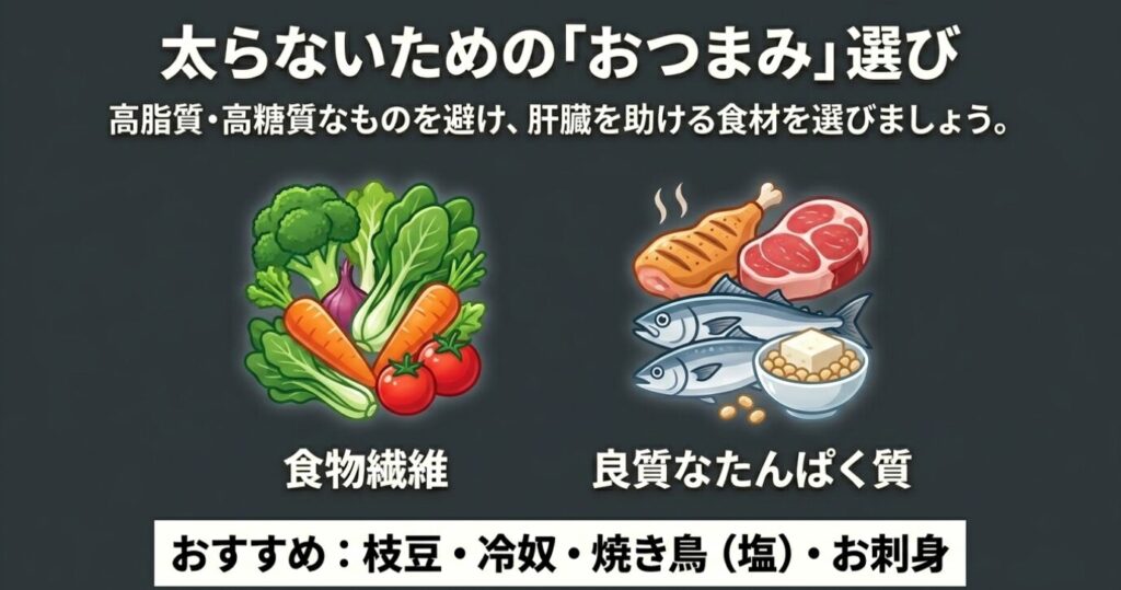 黒糖焼酎:太らないためのおつまみ選び。高脂質・高糖質を避け、食物繊維や良質なたんぱく質を含む枝豆・冷奴・焼き鳥の塩・お刺身を選ぶことを推奨するイラスト