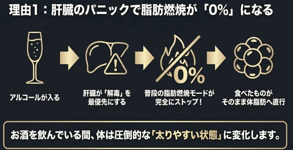 シャンパン:アルコール摂取により肝臓が解毒を優先し、脂肪燃焼が完全にストップし太りやすい状態になることを解説するスライド