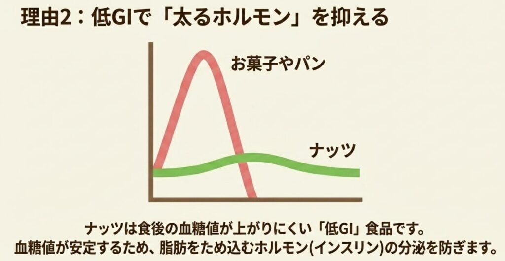 低GI食品による太るホルモン抑制の解説。お菓子やパンと比較してナッツは食後の血糖値が上がりにくく、脂肪をため込むインスリンの分泌を防ぐことを示すグラフ