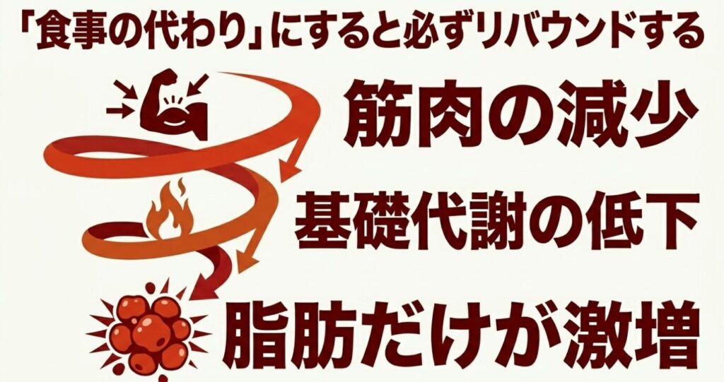 inゼリー：ゼリー飲料を食事の代わりにすると必ずリバウンドする仕組みの図解。 筋肉の減少から基礎代謝の低下を招き、結果として脂肪だけが激増する悪循環を示している。