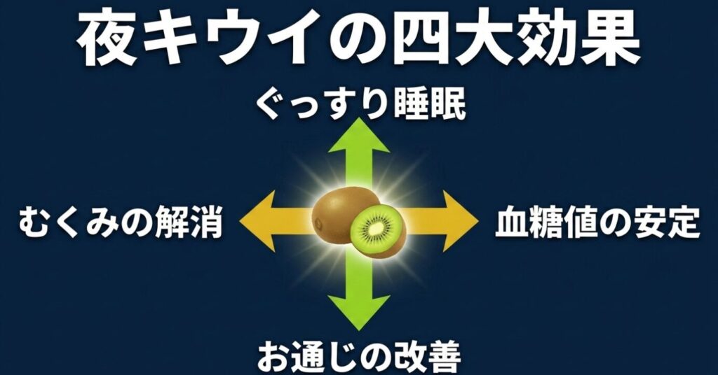 夜キウイの四大効果。むくみの解消、ぐっすり睡眠、血糖値の安定、お通じの改善。