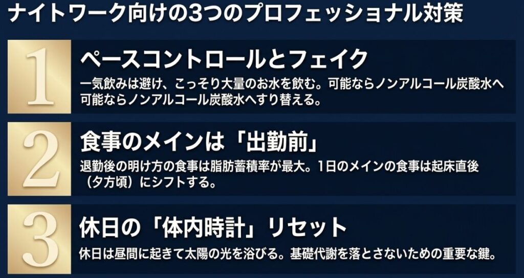 シャンパン:ペースコントロール、食事のタイミングを起床直後にする、休日の体内時計リセットなど、ナイトワーク向けの3つの対策を示すスライド