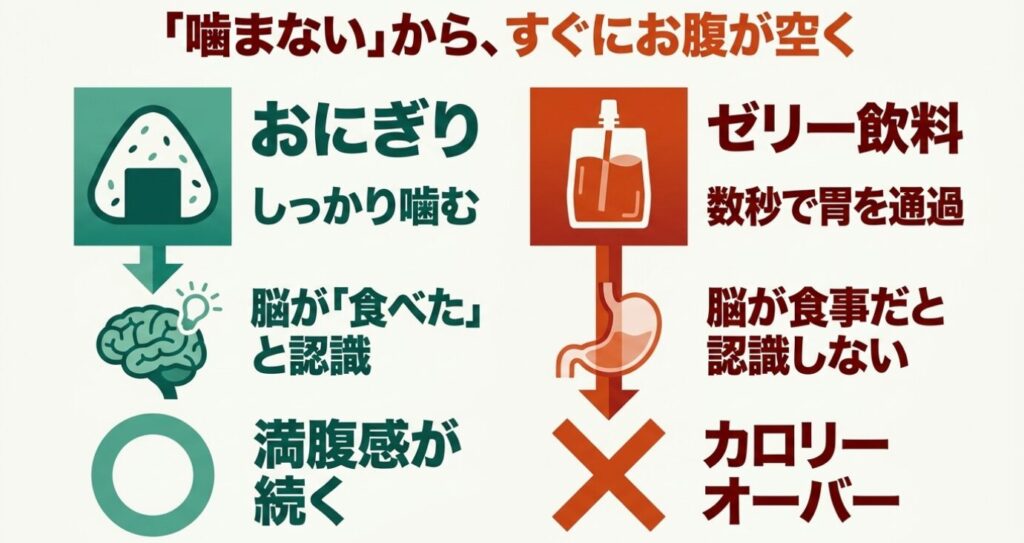 inゼリー：噛まないからすぐにお腹が空く理由を、おにぎりとゼリー飲料で比較した図解。 おにぎりはしっかり噛むため脳が食べたと認識し満腹感が続くが、ゼリー飲料は数秒で胃を通過するため脳が食事だと認識せずカロリーオーバーになりやすいことを示している。