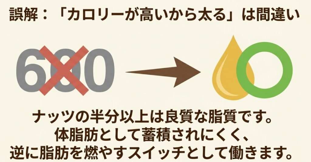 カロリーが高いから太るという誤解の解説。ナッツの半分以上は良質な脂質であり、体脂肪として蓄積されにくく脂肪を燃やすスイッチとして働くことの図解