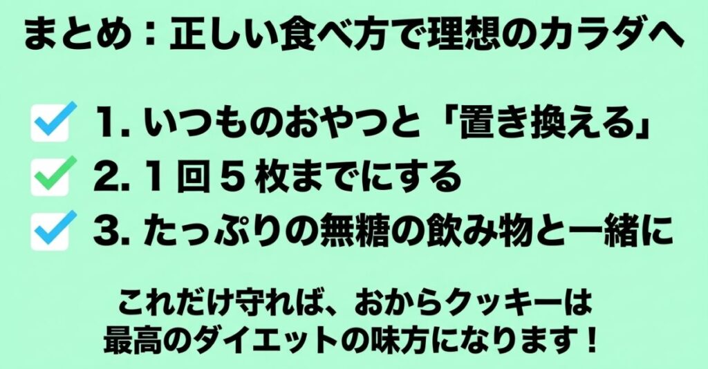 置き換え、1回5枚まで、無糖の飲み物と一緒にという、おからクッキーの正しい食べ方のまとめスライド
