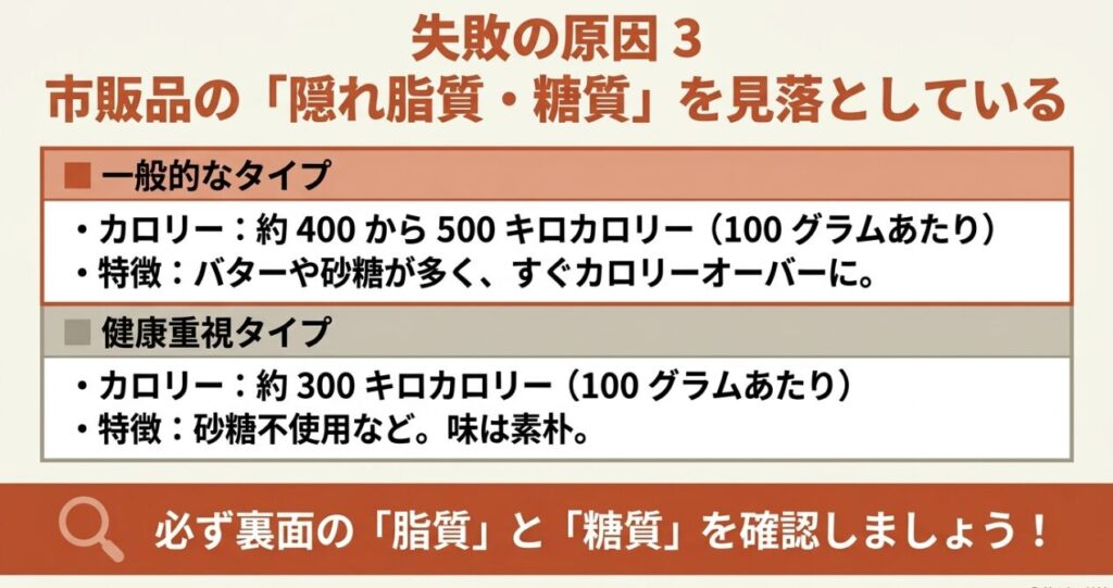 一般的なタイプと健康重視タイプの市販のおからクッキーのカロリーや特徴を比較し、隠れ脂質や糖質への注意を促すスライド