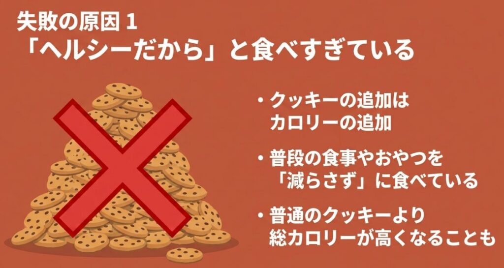 ヘルシーだからと食べすぎることや、食事を減らさずに追加してしまうというおからクッキーで太る原因を解説したスライド