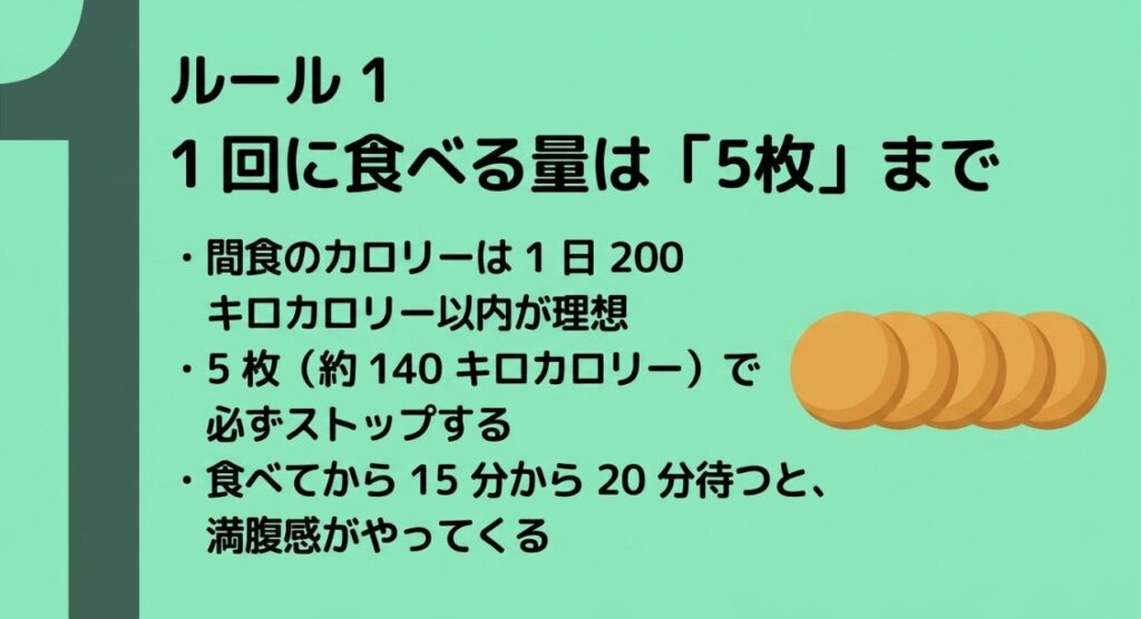 1回に食べるおからクッキーの量は5枚、約140キロカロリーまでにとどめるというルールを解説したスライド