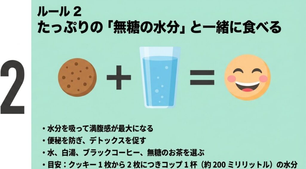 満腹感を高め便秘を防ぐために、おからクッキーはたっぷりの無糖の水分と一緒に食べるというルールを解説したスライド