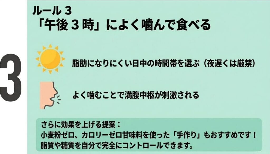 脂肪になりにくい午後3時に、よく噛んでおからクッキーを食べるというルールと、手作りの提案を記載したスライド