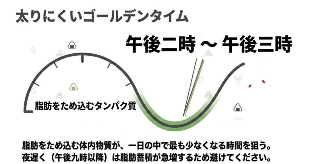 おにぎり:脂肪をため込む体内物質が最も少なくなる午後2時から午後3時がおやつに最適なゴールデンタイムであることを示すスライド