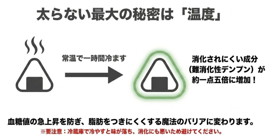おにぎりを常温で1時間冷ますと難消化性デンプンが約1.5倍に増加し、血糖値の急上昇を防ぐことを説明したスライド