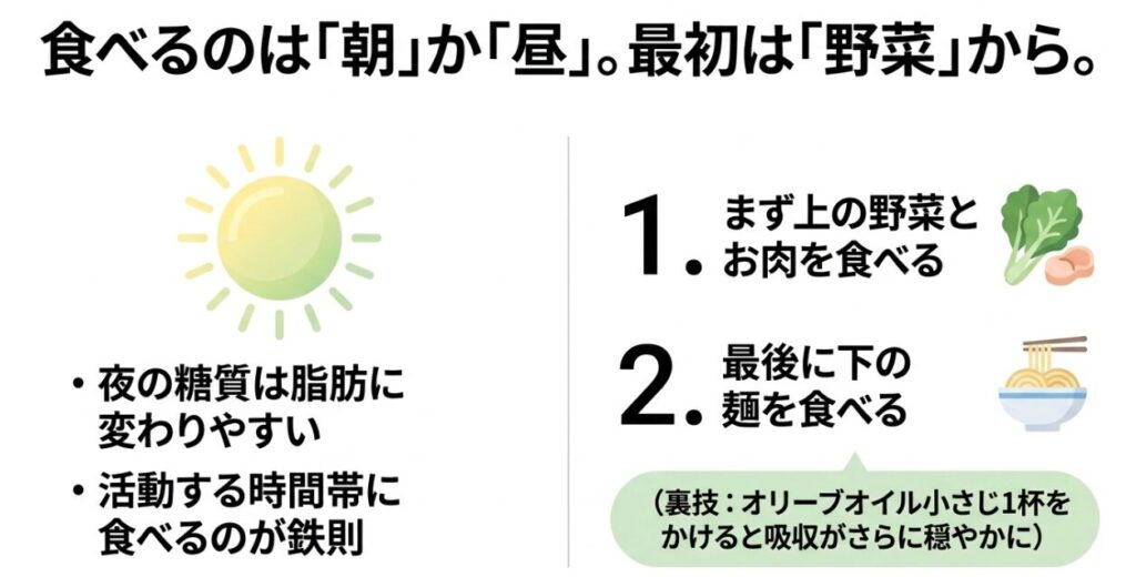 パスタサラダは活動する朝か昼に食べること、また最初は上の野菜やお肉から食べ、最後に下の麺を食べるという食べ方のルール。